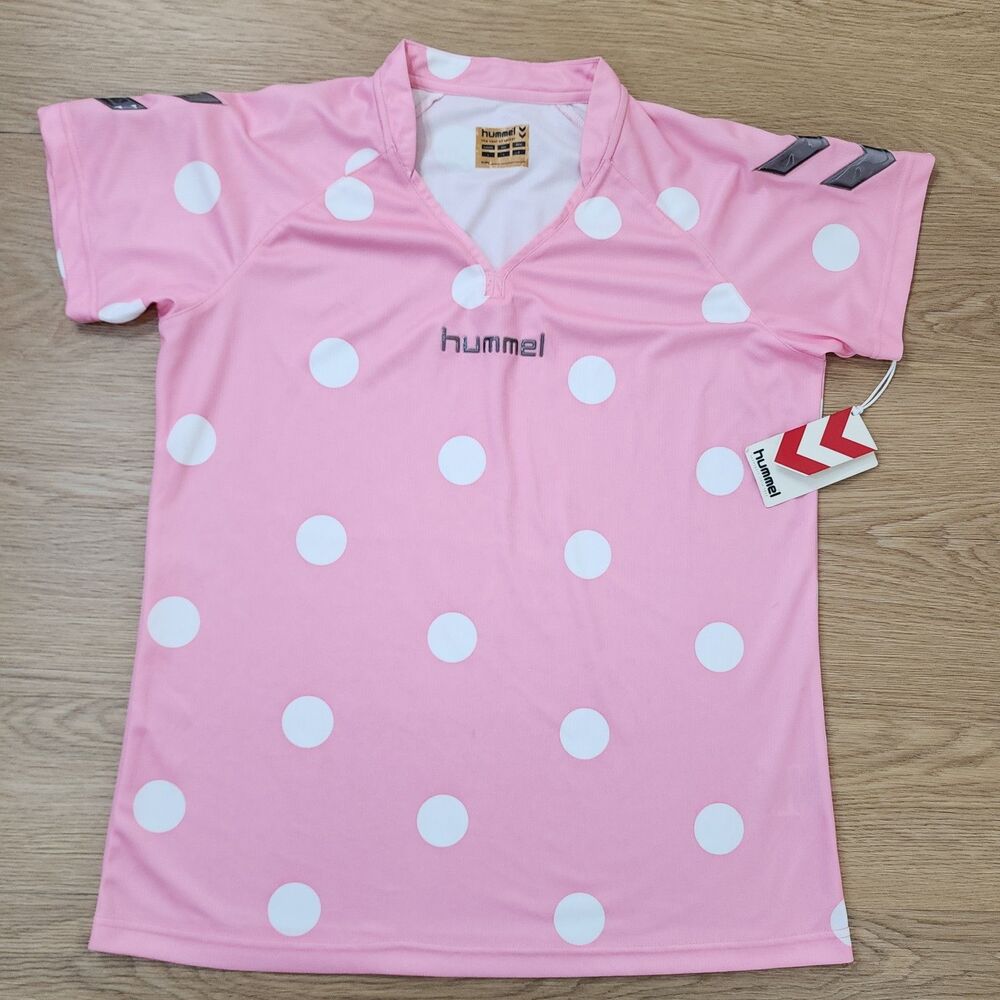 Hummel White Polka Dot Shirt Womens L Soccer Jersey Pink Stretch Short Sleeve